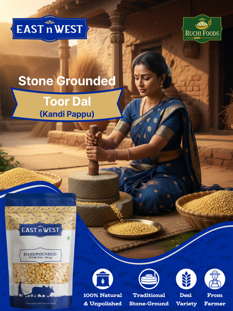 Woman grinding Toor Dal with East n West and Ruchi Foods branding.